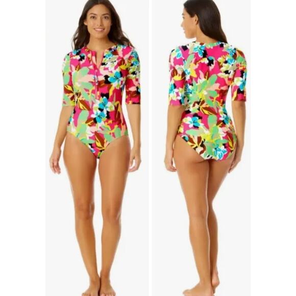 Anne Cole Floral Print Half Zip Rash Guard Swim Shirt Long Sleeve Swimsuit Sz 16 - Picture 5 of 10